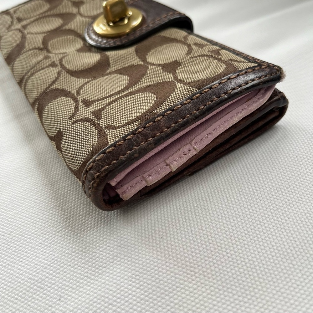 Coach Signature Print Canvas Leather Trim Brown Turnlock Long Fold Wallet - Picture 3 of 12